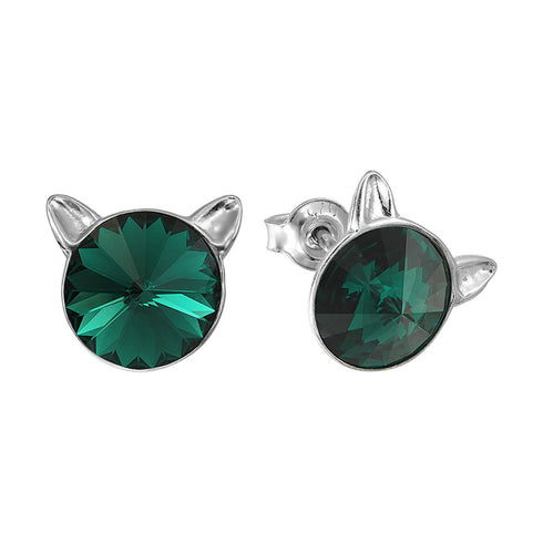 Bērnu sudraba auskari "Kaķis (Emerald)" ar Swarovski™ kristāliem